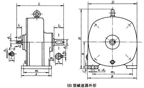 SB系列雙擺線針輪減速機外形及安裝尺寸、針齒中心圓直徑及傳動比
